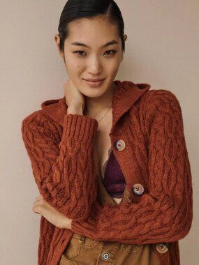 ANTHROPOLOGIE Hooded Duster Cardigan Sweater, Brown,  Size S